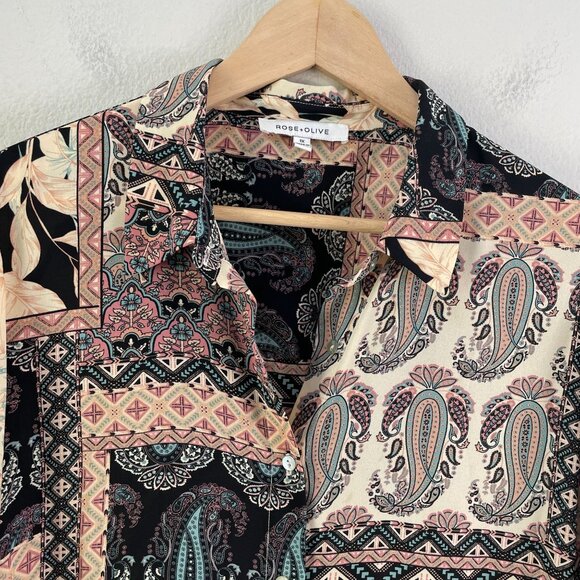 Rose + Olive Womens Plus 1X Boho Patterned Blouse 3/4 Sleeve Button Up Shirt Top - Picture 8 of 11